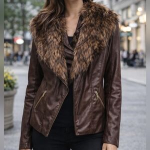 IMAN Luxury Chic collection Jacket Faux Fur removable Shiny Brown sz L